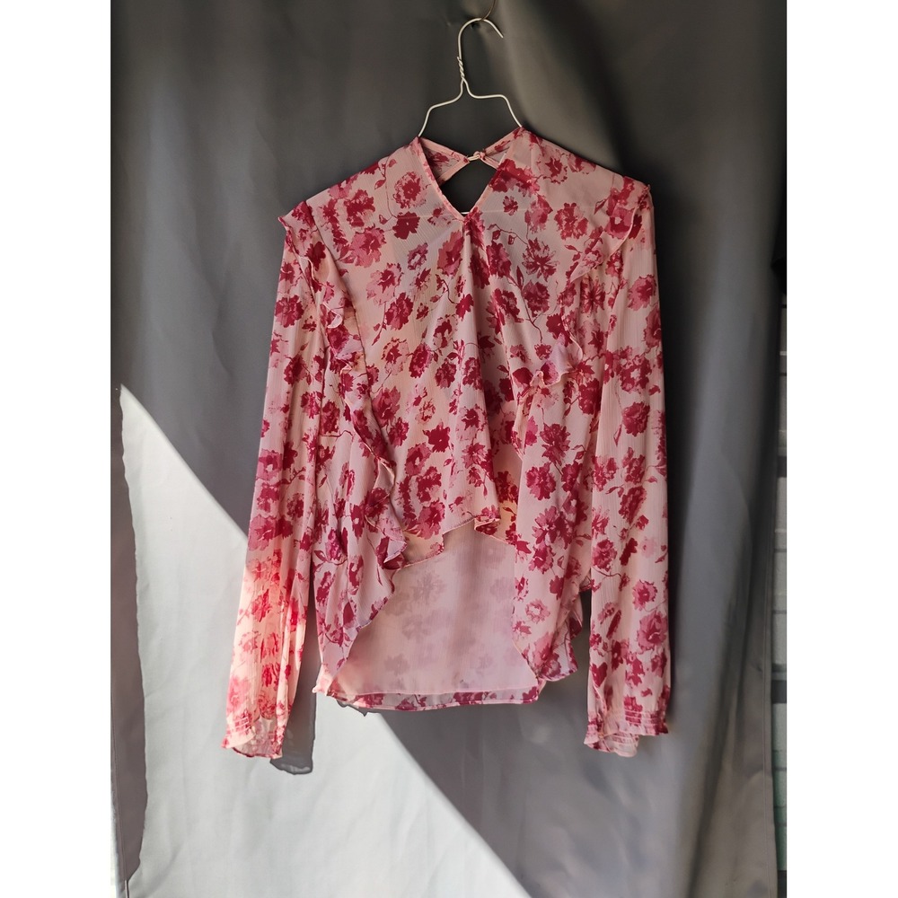 Gentle Fawn Pink Floral Ruffle Blouse Long Sleeve Open Back Cutout Top Large